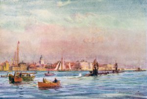 Onderzeeërs verlaten de haven van Portsmouth door William Lionel Wyllie